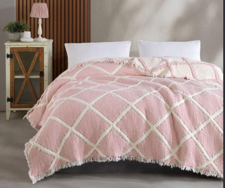 Муслиновое покрывало Moss Home 230x250 см Ромбы крем - пудра