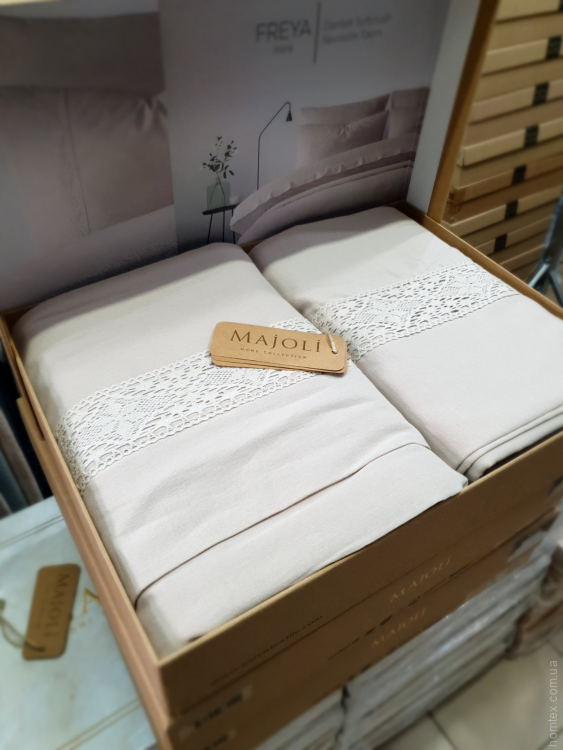 Постільна білизна Majoli Freya mink євро варена бавовна з мереживом бежева Постільна білизна Majoli Freya mink євро варена бавовна з мереживом бежева