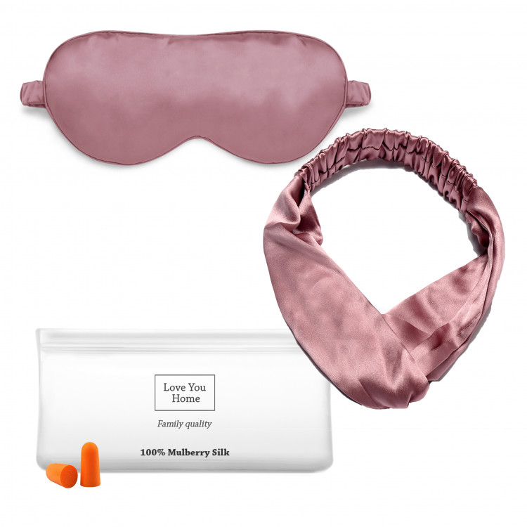 Набір для сну Love You: маска+чохол+беруші темно-рожевий із натурального шовку