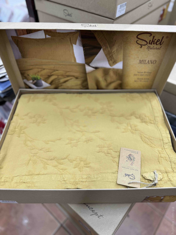 Покрывало хлопковое с наволочками Sikel Milano горчичное 240х260 см с наволочками