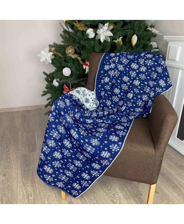 Плед новогодний Прованс Снежинка синяя с люрексом 100x150 см