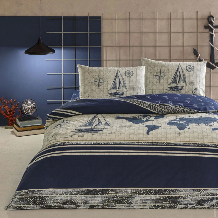 Постельное белье TAC Ranforce Muna lacivert евро с простынью на резинке