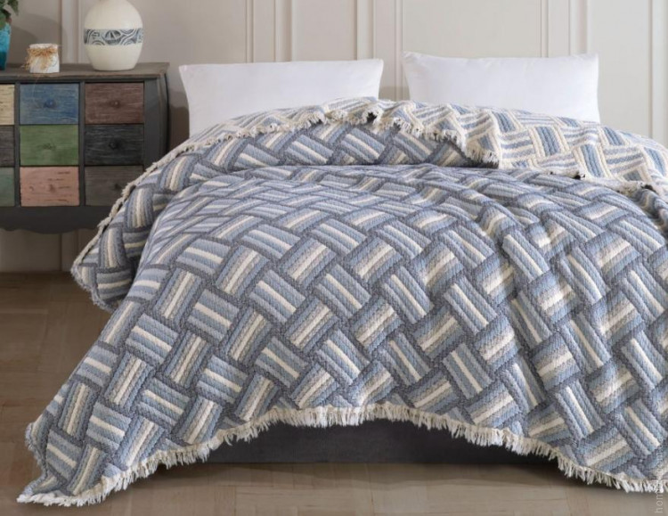 Муслиновое покрывало Moss Home 230x250 см Полоски крем - синий