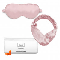 Набір для сну Love You: маска+пов'язка для волосся+чохол+беруші рожевий із натурального шовку