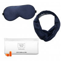 Набір для сну Love You: маска+пов'язка для волосся+чохол+беруші синій із натурального шовку