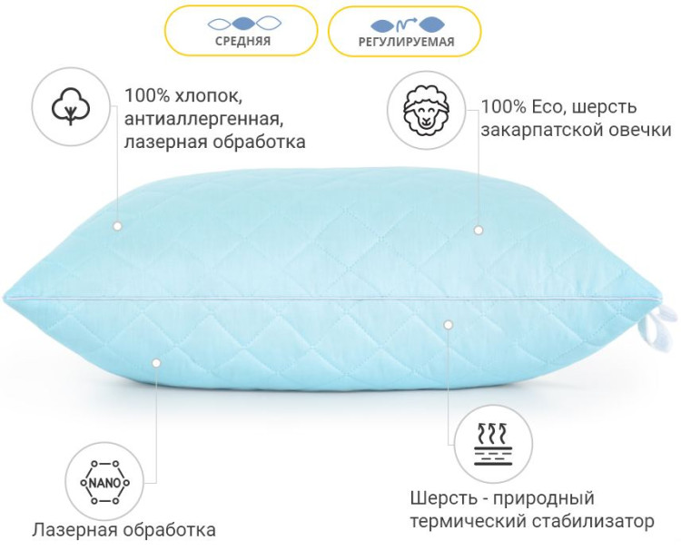 Подушка шерстяная Valentino Premium Укр шерсть 60x60 см, №1214, средняя