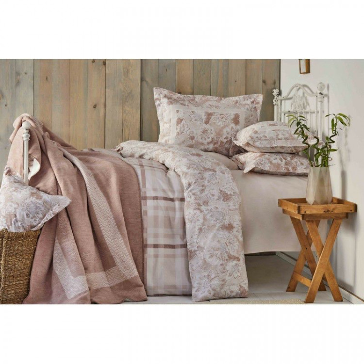 Набор постельное белье с покрывалом Karaca Home Plaid pudra 2019-1 пудра евро