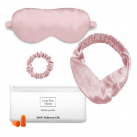 Набір для сну Love You: маска+пов'язка для волосся+гумка+чохол+беруші рожевий із натурального шовку