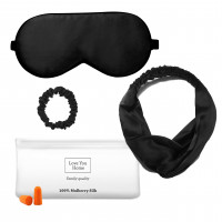 Набір для сну Love You: маска+пов'язка для волосся+гумка+чохол+беруші чорний із натурального шовку