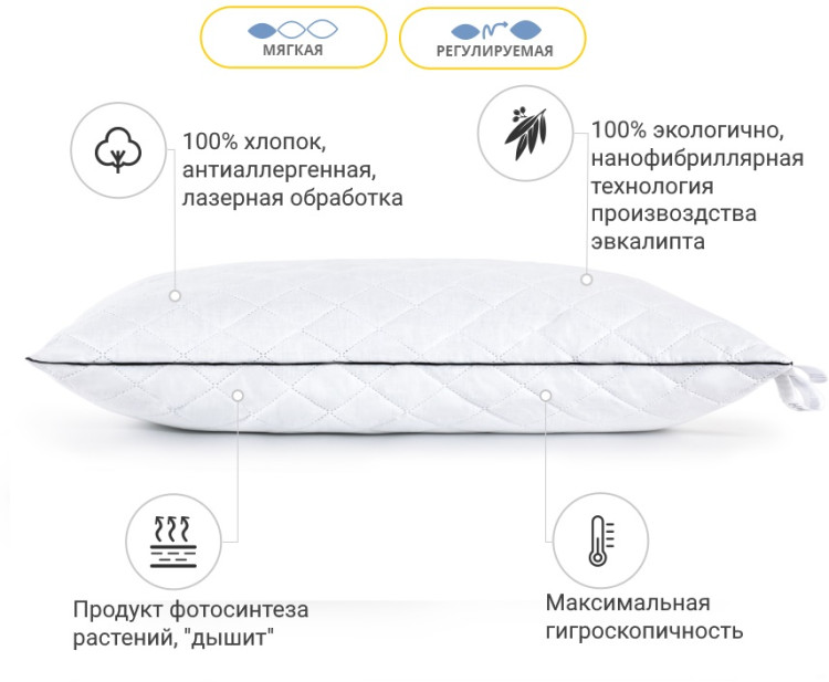 Подушка антиаллергенная с Эвкалиптом Mirson Royal Pearl 70x70 см, №1272 мягкая