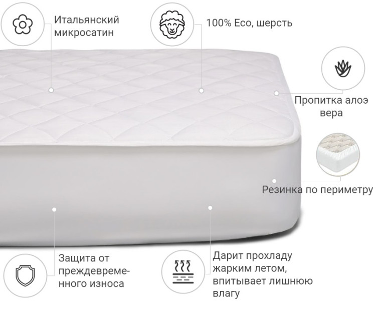 Наматрасник Mirson Стандарт Woollen Aloe Vera 80x190 см, №237 (обычный на резинке по периметру)
