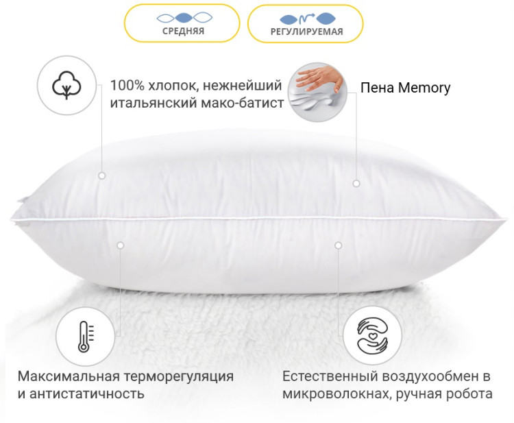 Подушка Memory Mirson Luxury Exclusive 60x60 см, №1499 средняя