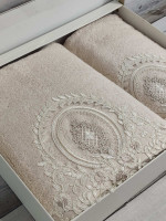 Набір махрових бамбукових рушників Pupilla з 2-х штук 50х90 см + 70х140 см з вишивкою, модель 23 Набір махрових бамбукових рушників Pupilla з 2-х штук 50х90 см + 70х140 см з вишивкою, модель 23