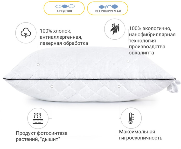 Подушка антиалергенна з Евкаліптом Mirson Royal Pearl 60x60 см, №1273 середня