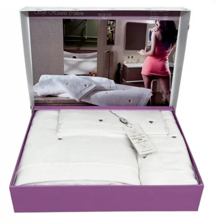 Набор махровых полотенец Maison Dor Soft Hearts white - dark lilac из 3-х штук