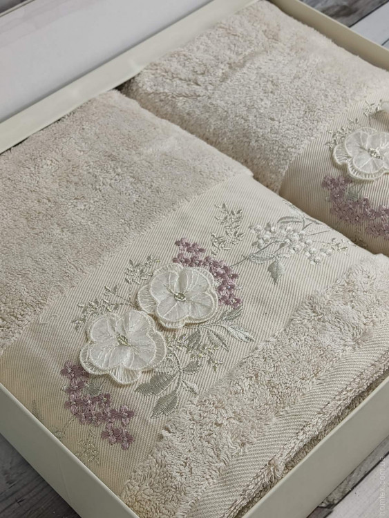 Набор махровых бамбуковых полотенец Pupilla из 2-х штук 50х90 см + 70х140 см с вышивкой, модель 26
