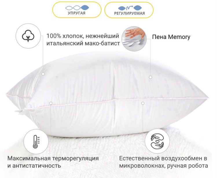 Подушка Memory Mirson Luxury Exclusive 70x70 см, №1500 упругая