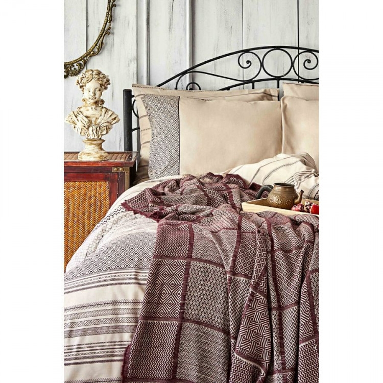 Набор постельное белье с покрывалом Karaca Home Sadra bordo 2020-1 бордовый евро