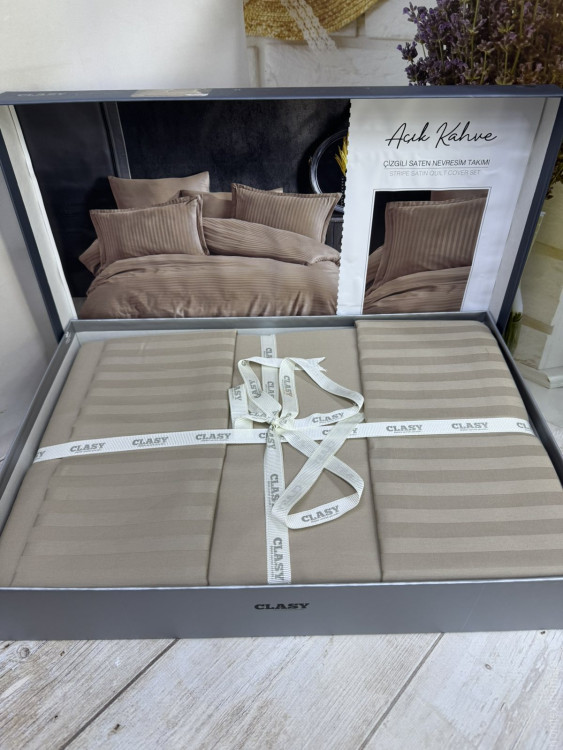 Постільна білизна страйп сатин Aran Clasy Acik Kahve євро