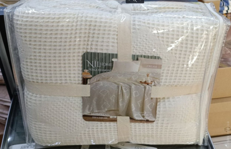 Вафельное пике - покрывало Nil Home Perla Diamond cream 220x240 см
