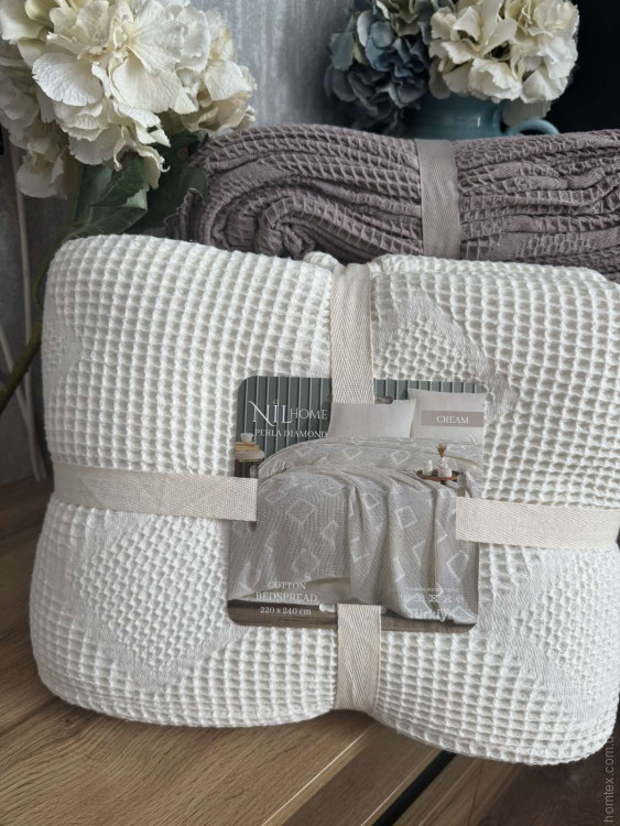 Вафельное пике - покрывало Nil Home Perla Diamond cream 220x240 см