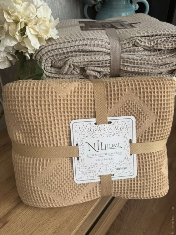 Вафельное пике - покрывало Nil Home Perla Diamond 220x240 см горчичное