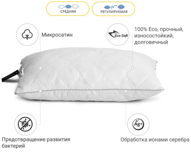 Подушка антиалергенна Mirson c Eco-Soft Eco Silver 60x60 см, №464, середня