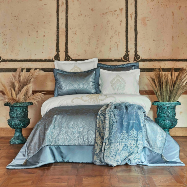 Набор постельное белье с покрывалом + плед Karaca Home Ofelia mavi голубой евро