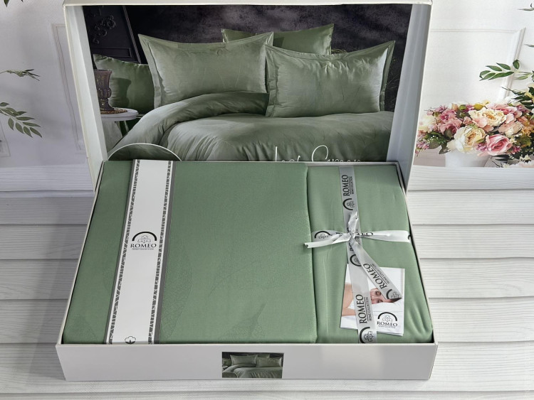 Постельное белье сатин - жаккард Romeo Home Leaf green евро