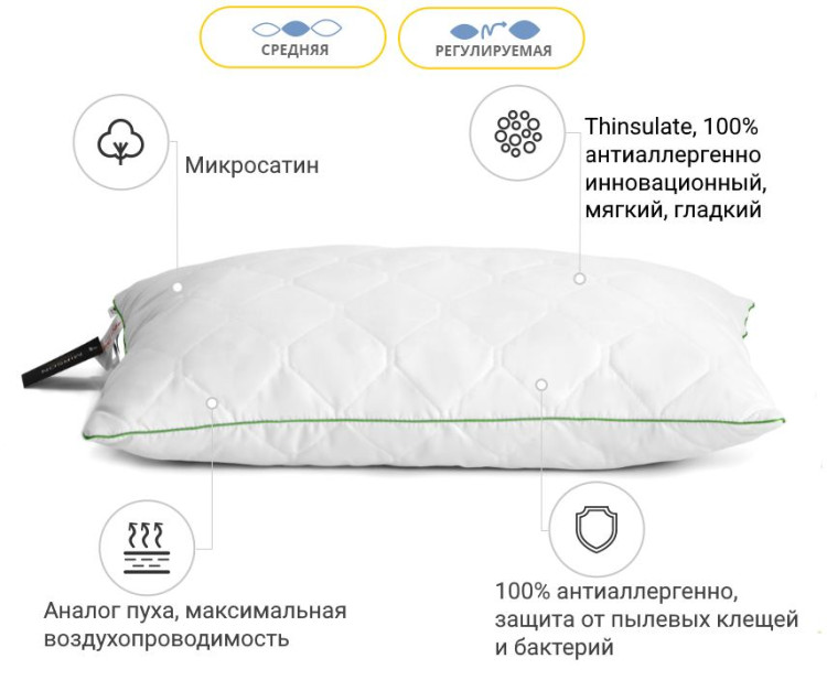 Подушка антиалергенна Mirson ECO THINSULATE 70x70 см, №131, середня