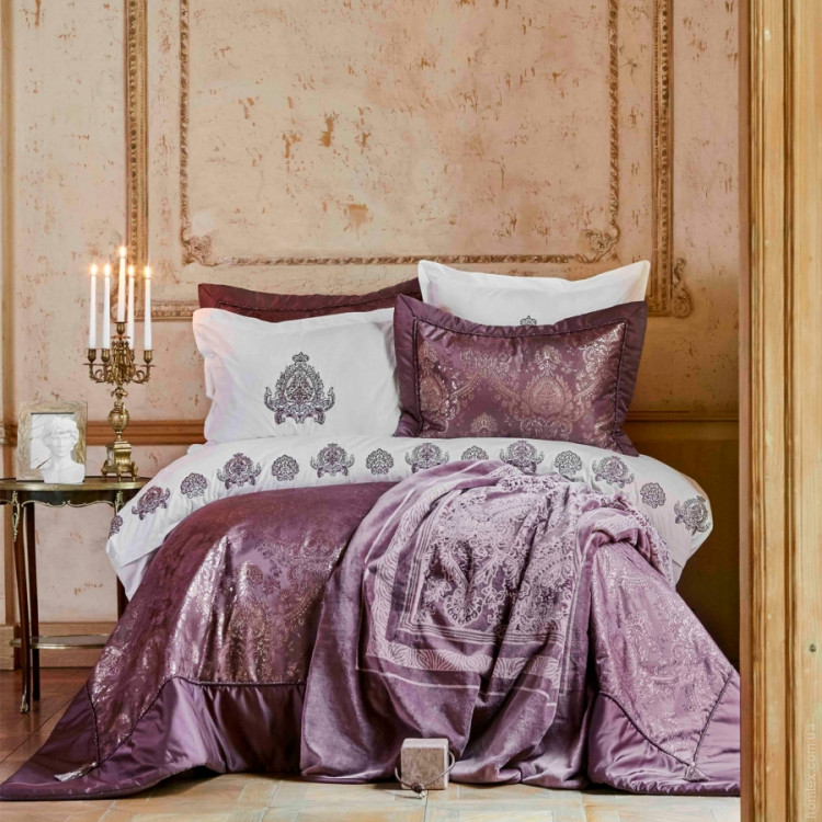 Набор постельное белье с покрывалом + плед Karaca Home Ilona murdum сиреневый евро