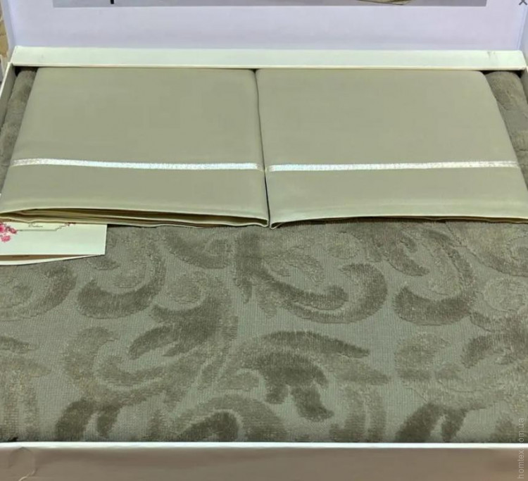 Махрова простирадло Tivolyo Home Baroc haki (хакі) 220х240 см + сатинова простирадло з наволочками