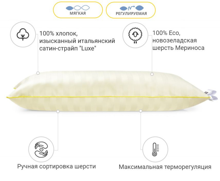 Подушка шерстяная Mirson Carmela Hand Made Новозеландская шерсть 40x60 см, №1222, мягкая