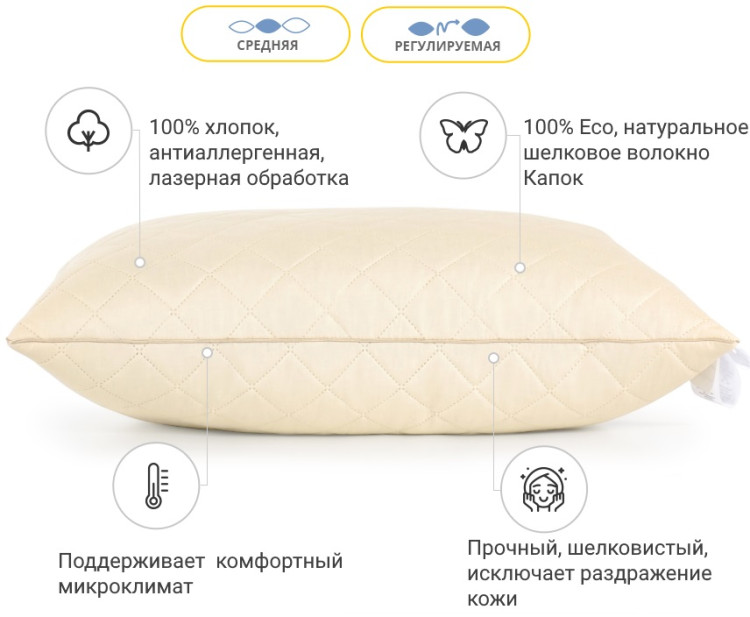 Подушка шовкова Mirson Carmela Natural Silk Kapok 40x60 см, №1257, середня